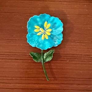 Vintage Enamel Turquoise and Yellow Floral Brooch
